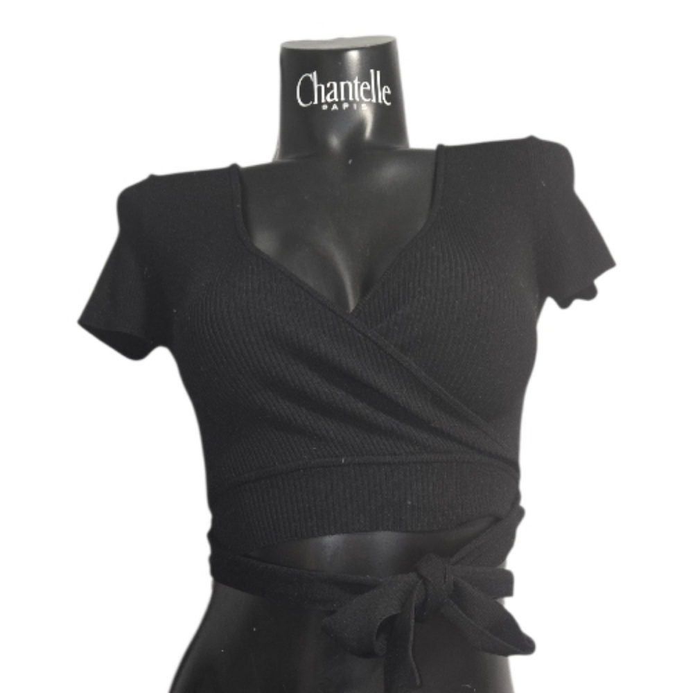 Elegant Black Crop Top With Tie around Waist Wrap Style.